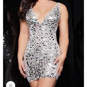 Jovani 24272 Off White Silver Fitted V Neck Short Dress